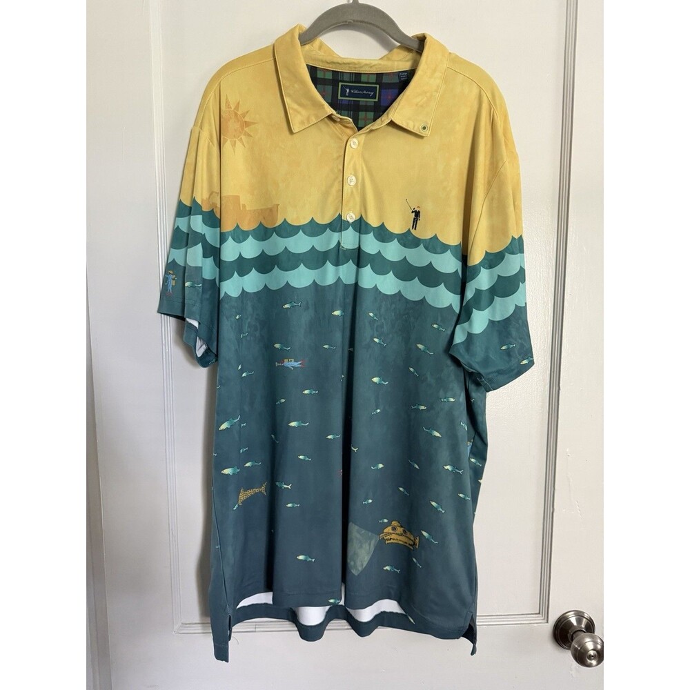 William Murray Golf Polo Mens XL Ocean Waves Fish Print Yellow Teal 92% Stretch